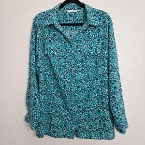 NOTATIONS 1X Teal Button Down Long Sleeve Top Quirky Print Career Casual